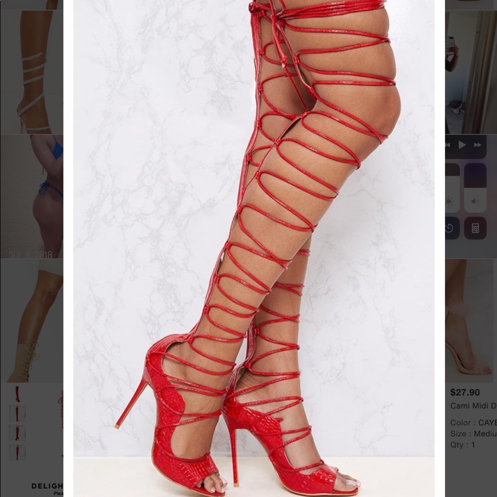 Red thigh high lace up heels